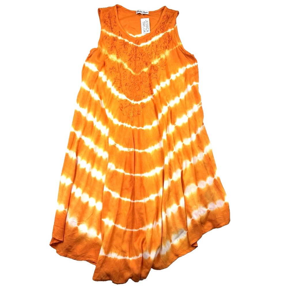 Jessica Taylor Bohemian Orange & White Tie-Dye Dress One Size Embroidered NEW